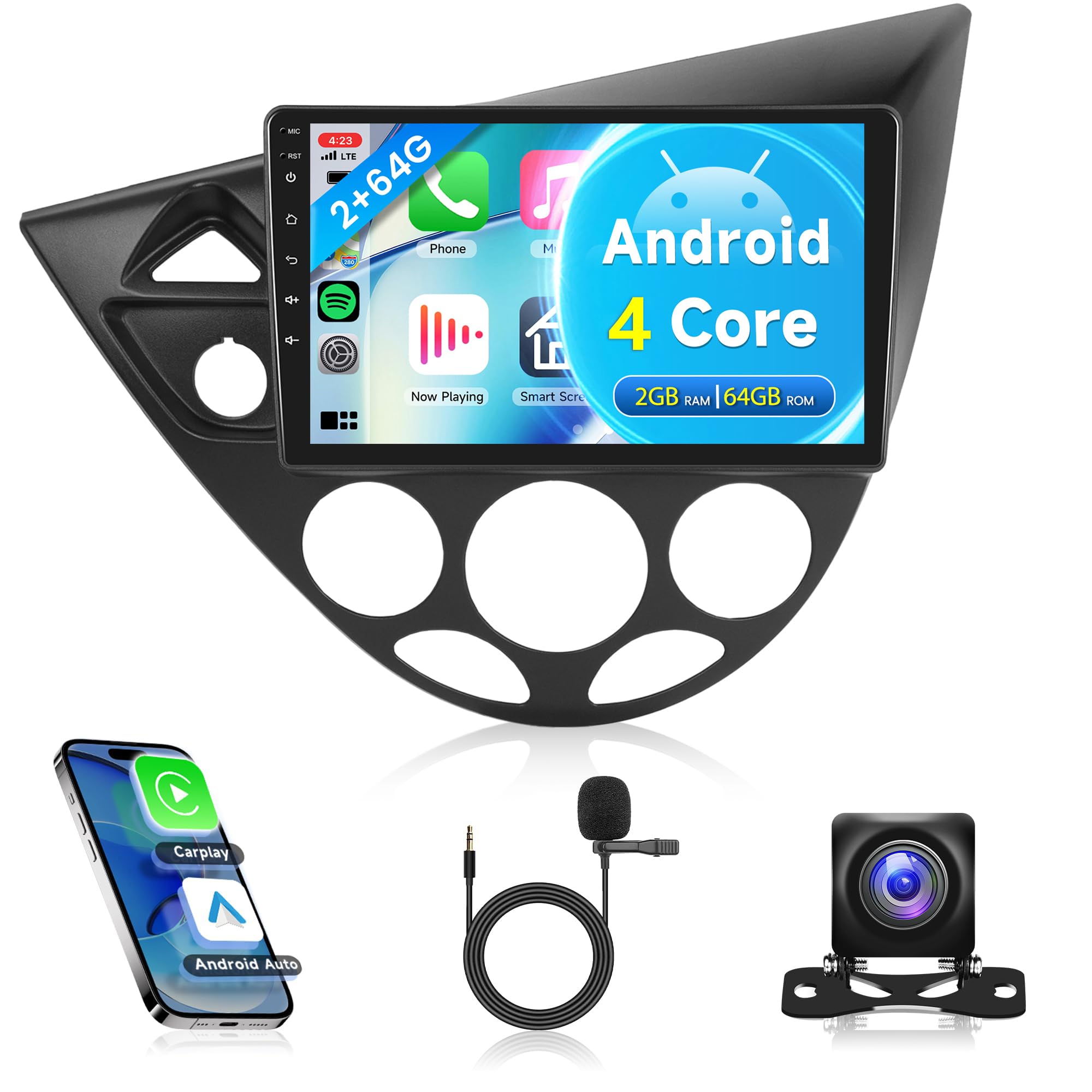 Photo 1 of 4Core 2G+64G Car Radio for Ford Focus 1998-2006, Rimoody Android Car Stereo Carplay Android Auto Mirror Link 9'' Touch Screen GPS WiFi EQ BT/FM/RDS Backup Camera