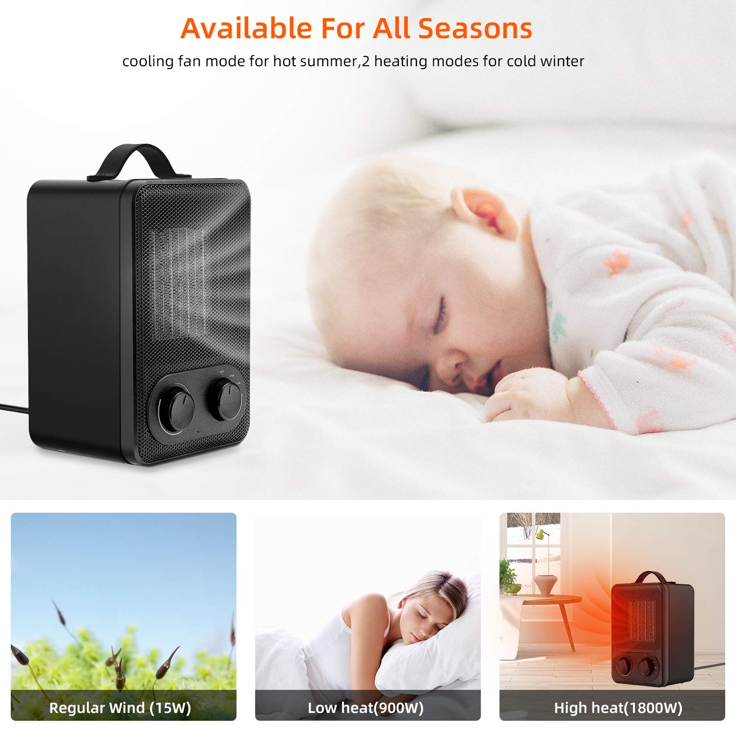 Heizlüfter Energiesparend Keramik Heizung 1800W/900W Kleiner Heizgerät 3 Heizstufe, 1s Aufheizen, Überhitzungs- Umkipps-Schutz, Oszillation, für Haus, Büro, Badezimmer, Baby - Uverbon