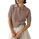 Imily Bela Women's Cable Short Sleeve Sweaters Tops Solid Lapel V Neck Knit Casual Soft Pullover Shirt