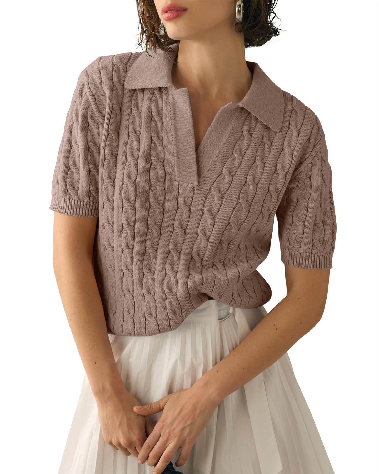 Imily Bela Women's Cable Short Sleeve Sweaters Tops