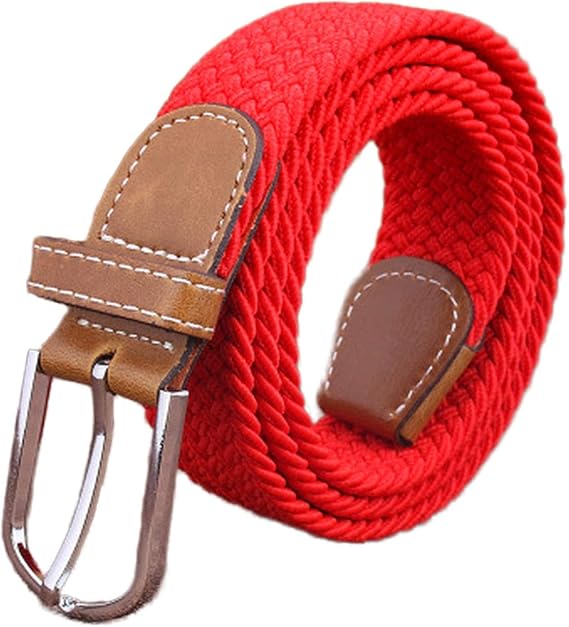 Cinturón Elástico Trenzado Para Hombre - Punta De Cuero, Hebilla Plateada, Color Azul Marino
