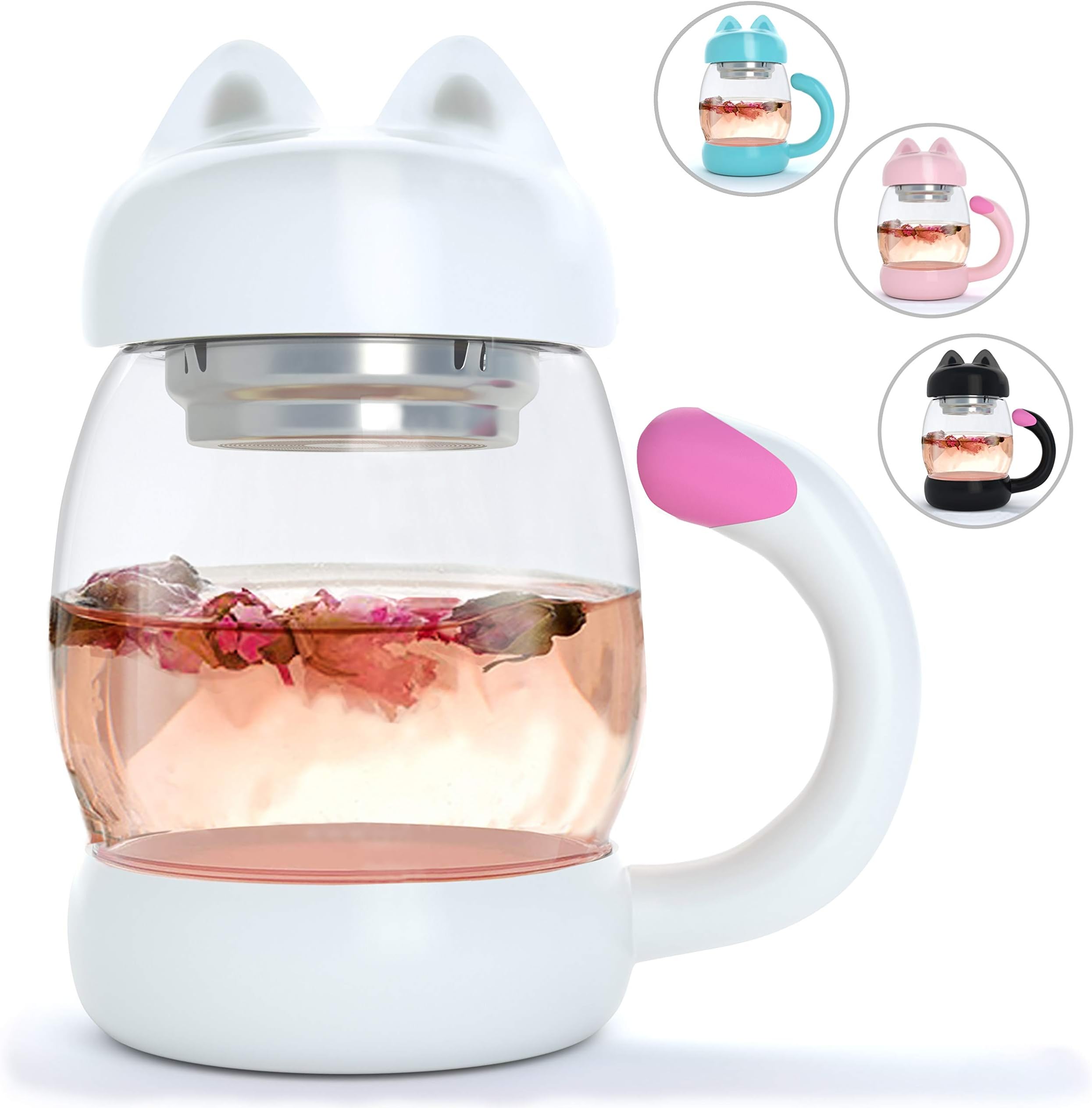 Cute Cat Glass Tea Mug / Cup With Removable Strainer / Infuser and Lid - for use with any Beverage - Holds 14 oz