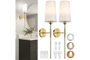 NOOKNOVA Battery Operated Wall Sconce Set of 2, Rechargeable Wall Sconce With Remote Dimmable Wireless Battery Powered Wall Lamp Decor Fixture For Bedroom Living Room White Fabric Shade Included Bulbs