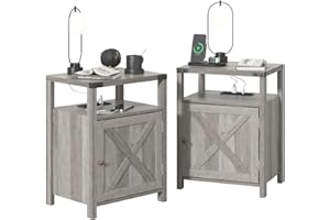 Fameill Nightstands Set of 2, Night Stand with Charging Station, Bed Side Table with Storage Cabinet, Farmhouse End Table for Living Room with USB Ports and Outlets, Gray