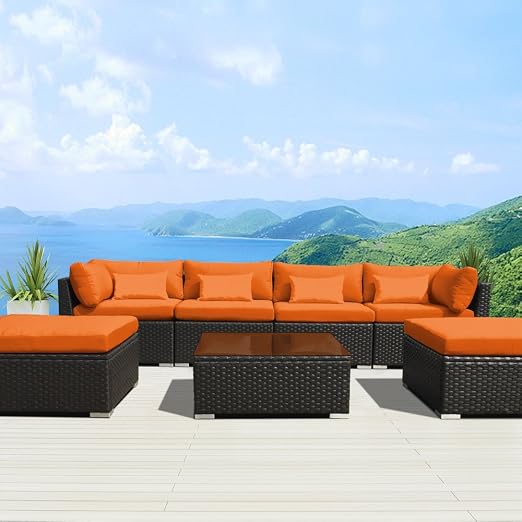 Amazon Com Modenzi 7c U Outdoor Sectional Patio Furniture Espresso Brown Wicker Sofa Set Orange Garden Outdoor