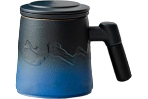 YUMUE Japanese Design Tea Cup with Infuser and Lid, Black & Blue Tea Mug for Loose Leaf Steeper, Wood Handle for Hot Tea Diff