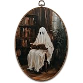FCHHYWAL Ghost Reading Book Halloween Oval Framed Wall Art, Vintage Dark Academia Horror Ghost Canvas Wall Art Prints Decor, Gothic Spooky Hanging Decor for Living Room Dorm Library, 8.7 x 11.3 Inch