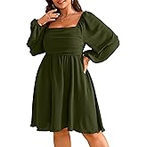 RWJ Womens Long Sleeve Mini Dress 2025 Fall Elegant Square Neck A Line Ruched Smocked Wedding Guest Party Plus Size Dresses