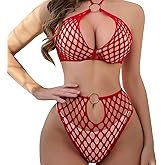 L04BABY Fishnet Lingerie Sets for Women Sexy Bra and Panty Tie Adjustable See Through Bikini Two Piece V Neck Underwear