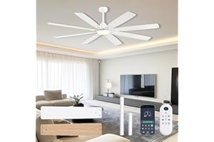 JSAITEE Ceiling Fan with Light and Remote/APP Control, 72 inch Large Low Profile Ceiling Fans for Living Room Patio, Quiet DC Reversible Motor, 6 Speed, 3CCT, Dimmable, Dual Finish 8 Blades, White