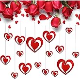 BASEMMAHER 16Pcs Valentine's Day Red Heart Hanging Foil Decorations 3D-Heart Garland Ornament Hanging Paper Double Sided Glitter Metallic Swirl Heart for Valentine's Day Wedding Bridal Party Supplies