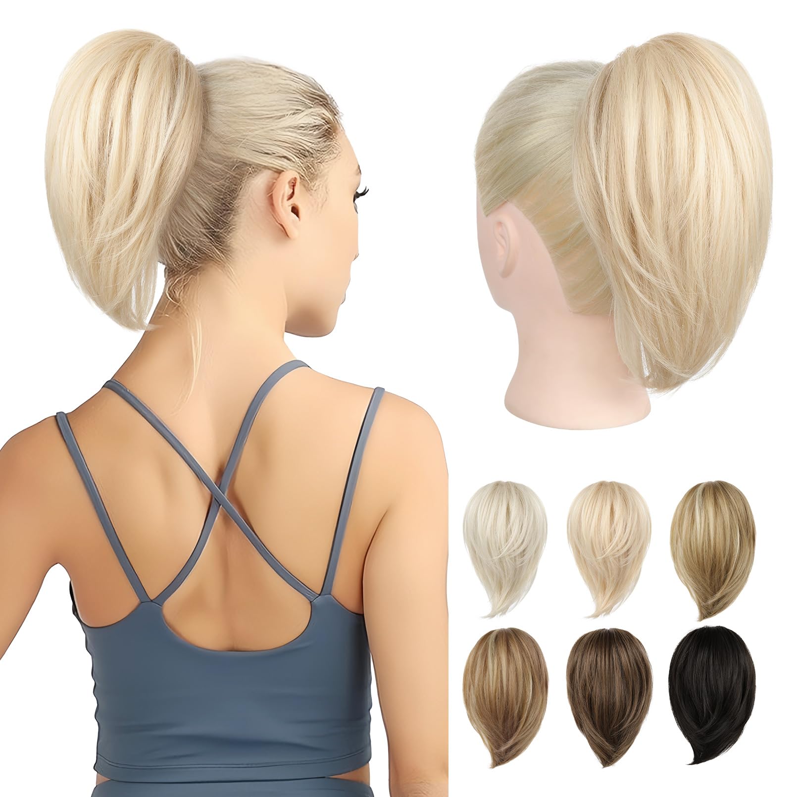 REECHO Ponytail Extension，Claw Clip Hair Bun Hair Piece Short Straight Ponytail Hair Extensions Messy Hair Bun Natural Synthetic Fake Ponytail Hair Pieces for Women- Light Blonde