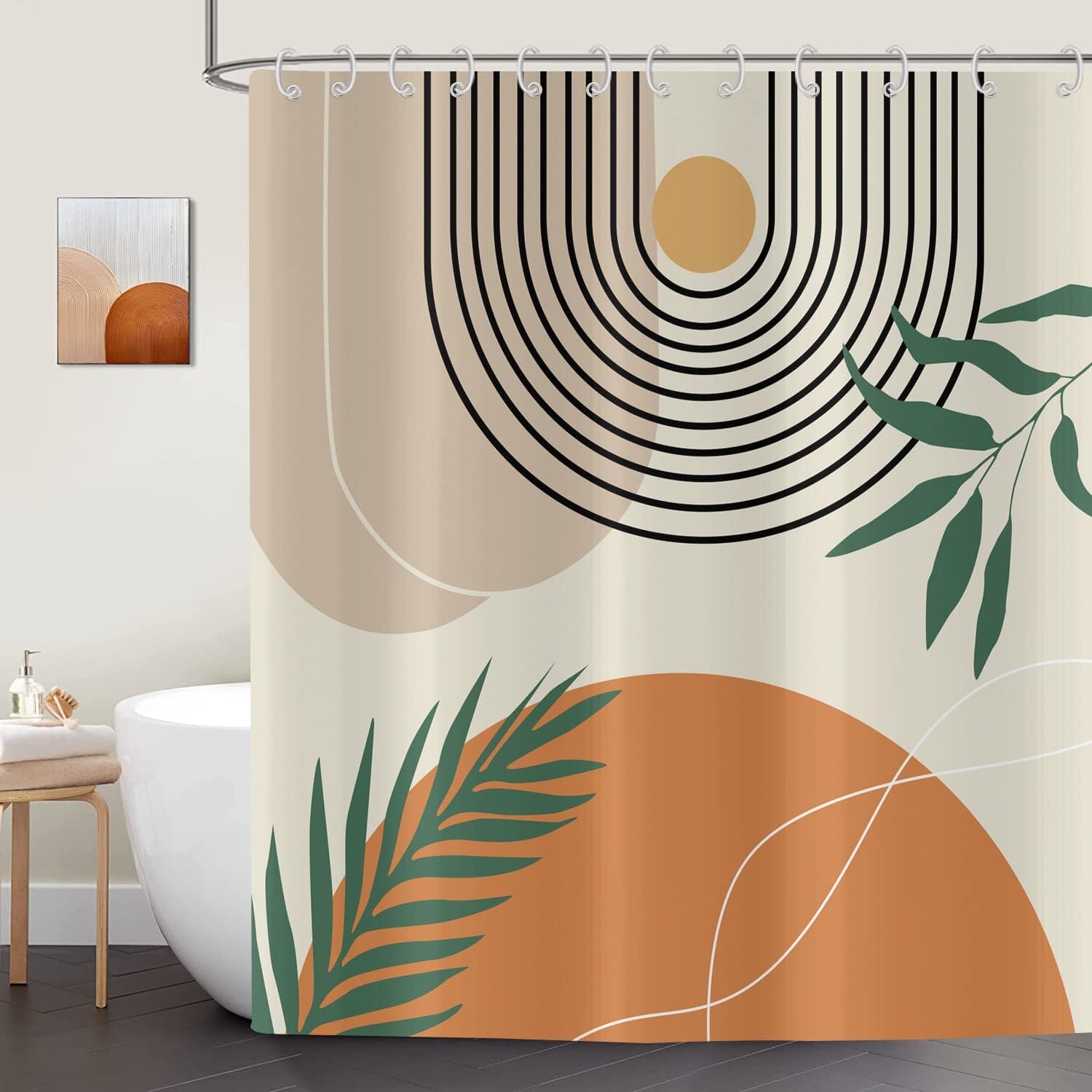 ASDCXZ Boho Shower Curtain 240x180 cm, Modern Abstract Art Boho Style Sun Moon Leaves Beige Bath Washable Shower Curtains Polyester Textile Waterproof Shower Curtain for Bathtub with 12 Hooks — image 1