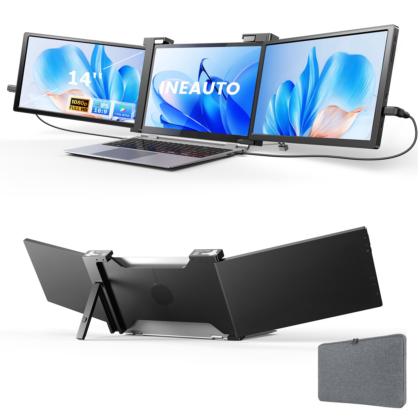 Photo 1 of 14'' Triple Laptop Screen Extender, 1080P FHD Portable Monitor for 14"-17" Laptop with USB-C/HDMI Port, Plug-Play Monitor Extender for Triple Display for Mac/Windows Remote Work & Multitasking