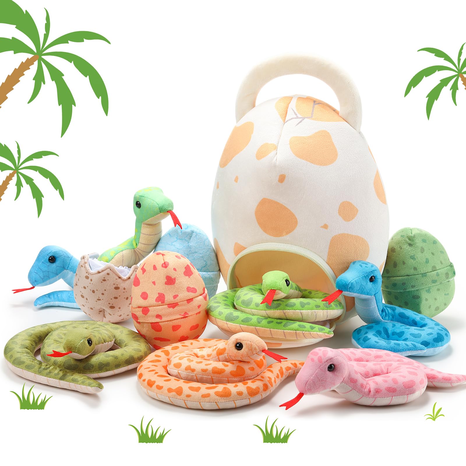 Photo 1 of HyDren 12 Pieces Snake Stuffed Animal Snake Plush Toy and Egg Bag Set Cute Plush Snakes with Eggs Soft Realistic Stuffed Toy Gift for Graduation Birthday Halloween Boys Girls