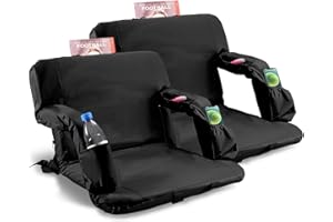 HISHINE Stadium Seats for Bleachers with Back Support and Thick Padded Cushion,24" Extra Wide Portable Reclining Folding Chair with Optional Arms, 4 Pockets and Shoulder Straps,Big Size,Black,2PCS