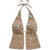 SweatyRocks Women's Sequin Sparkle Crop Top Sexy Backless Knit Halter Crochet Tops