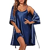 Ekouaer Women's Silk Robe Set V Neck 2 Piece Satin Bathrobes 3/4 Sleeves Bridal Sleepwear Sexy Cami Nightgown