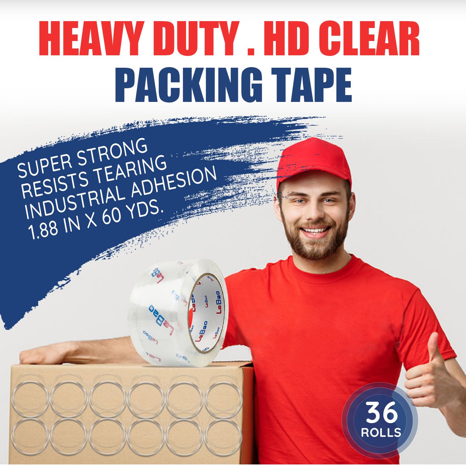 Condition photo showing New/Like New for heavy duty packing tape with dispenser, 36 rolls x 1.88 in. x 60 yds. x 2.7 mil, strong hold hd clea
