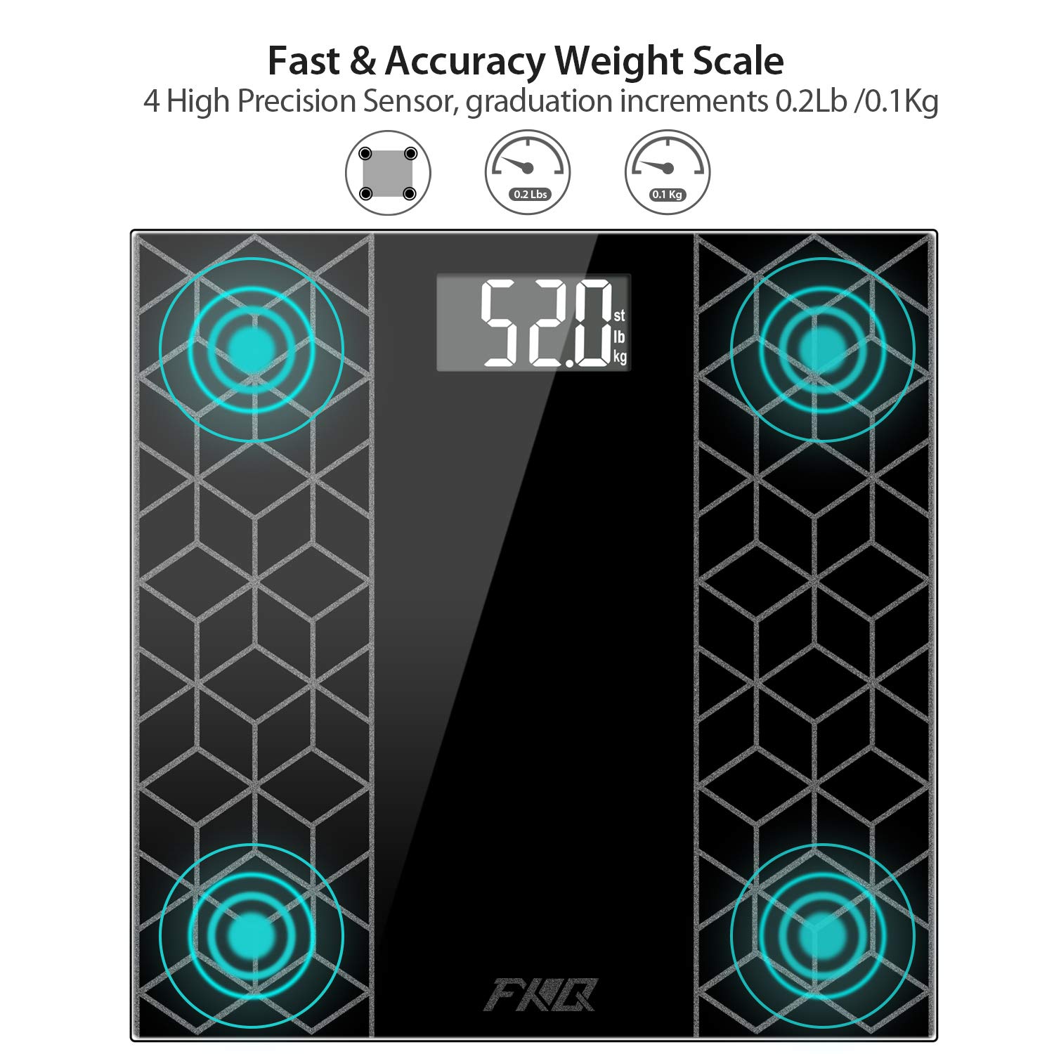 Digital Body Weight Bathroom Scale, FXQ High Precision Sensor Digital Bathroom Scale with Large Blue LCD Backlight Display, 8MM Shatter-Resistant Tempered Glass and Body Measuring Tape, Black