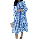 chouyatou Women's Loose Fit Retro Plaid Dress Lantern Puff Sleeve Gingham Swing Midi Long Tunic Shift Dress