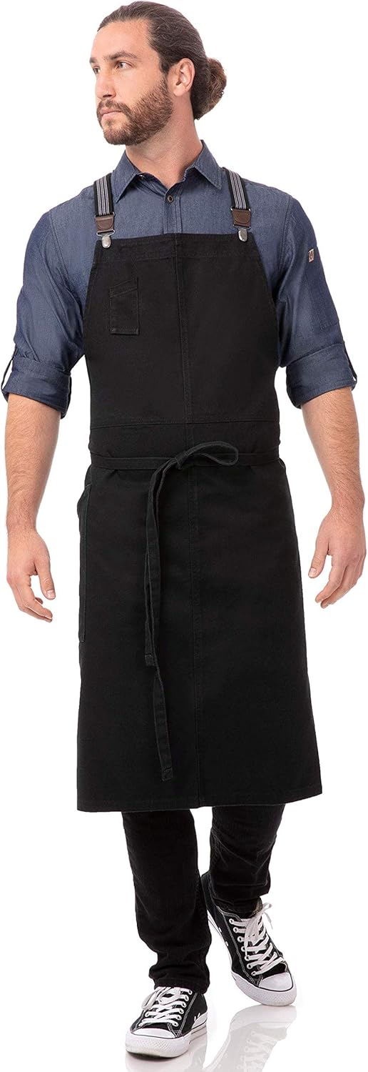 Chef Works unisex adult Berkeley Chefs Bib Work Utility Apron, Jet Black W/Black/Gray Suspenders, One Size US: Clothing