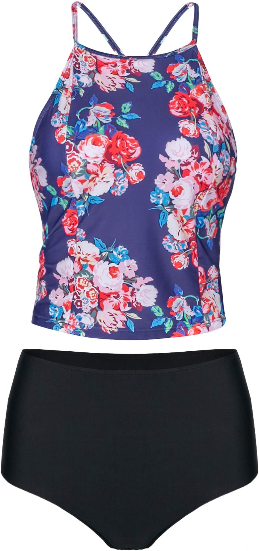 Verano Playa Women Lace Up Tankini Swimsuit Criss Cross Back High Neck Two Piece Bathing Suit Padded High Waist Swimwear