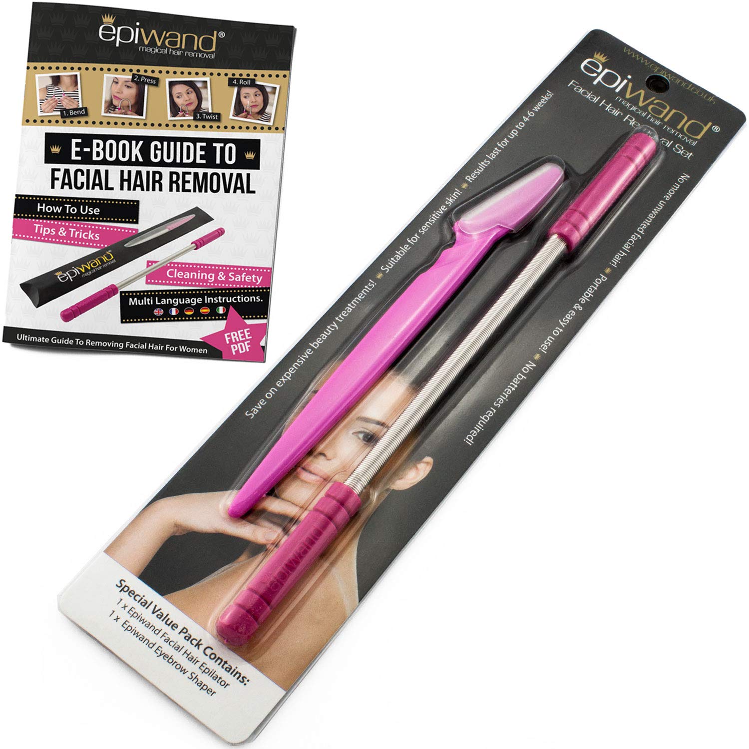 Epiwand Facial Hair Remover Kit | Face Epilator & Eyebrow Trimmer for Quick & Easy Removal | No Batteries or Maintenance | Kit Includes 1 x Facial Hair Epilator & 1 x Eyebrow Razor/Trimmer