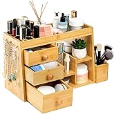 Elsjoy Bamboo Makeup Organizer with 3 Drawers & 12-Grid Lipstick Holder, Desk Bamboo Vanity Jewelry Organizer, Countertop Cosmetic Storage Box Stand with Hooks for Hanging Jewelry