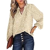 Dokotoo Women's Casual V Neck Alicia Floral Print Smocked Long Sleeve Chiffon Blouses Bohemian Top Shirts