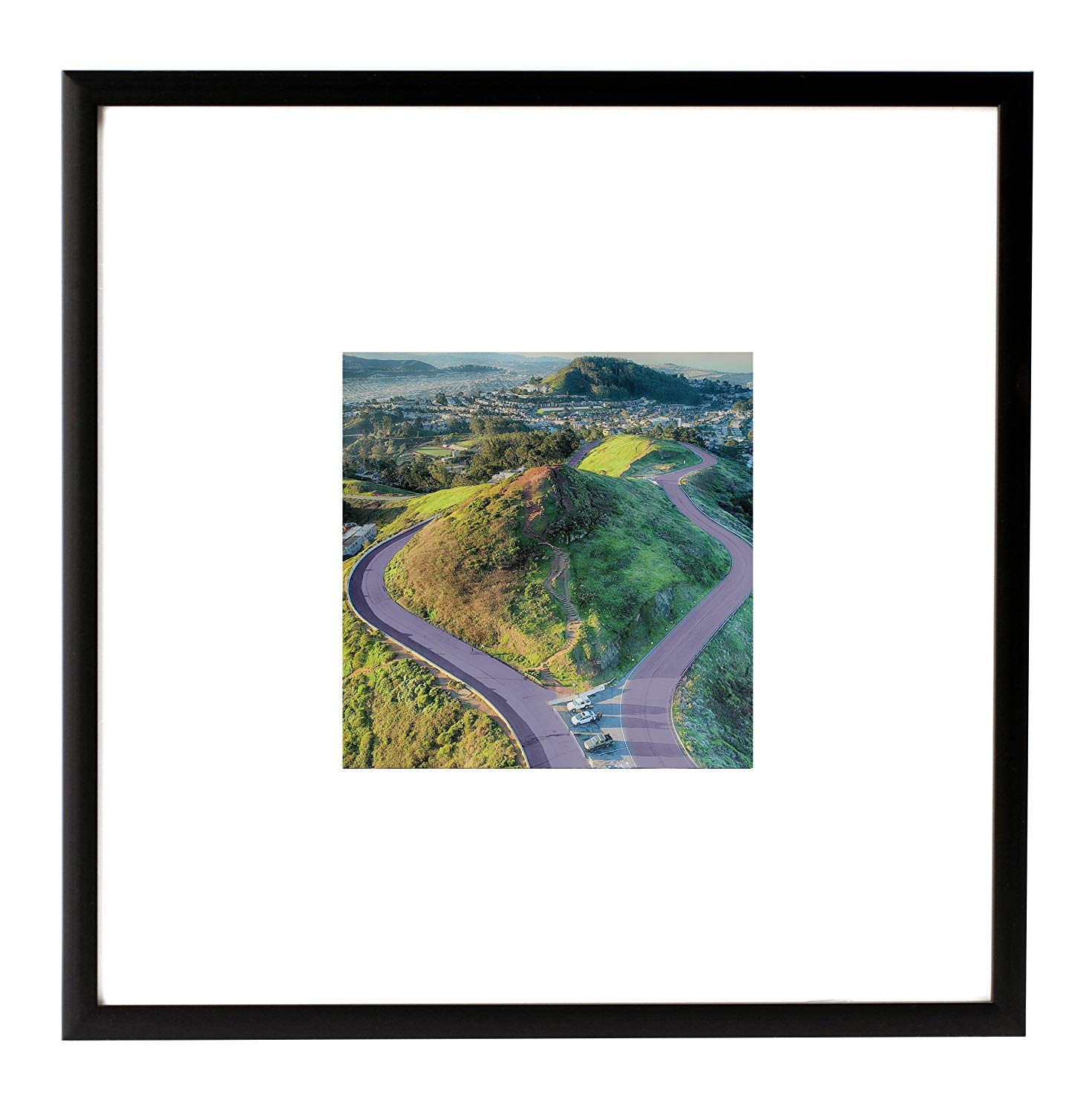 Frametory, 8x8 Aluminum Frame with Ivory Mat for 4x4 Photo, Easel Stand for Tabletop, Sawtooth Hanger, Swivel Tabs, Great for Celebrations, Family Photos, Events, and Homes (Black)