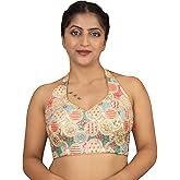 FIGURE'S DESIGNER Women's Sequin Gold Embroidered Halter Neck Sleeveless Readymade Indian Saree Blouse E13