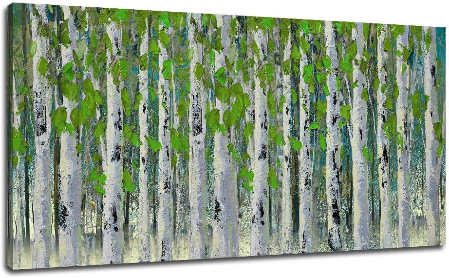 Ardemy Canvas Wall Art Forest Birch Tree Green Leave Fantastic Nature Landscape Painting, Modern Picture Artwork with Inner Wood Framed for Living Room Bedroom Home Office Wall Decorations, 48"x24"