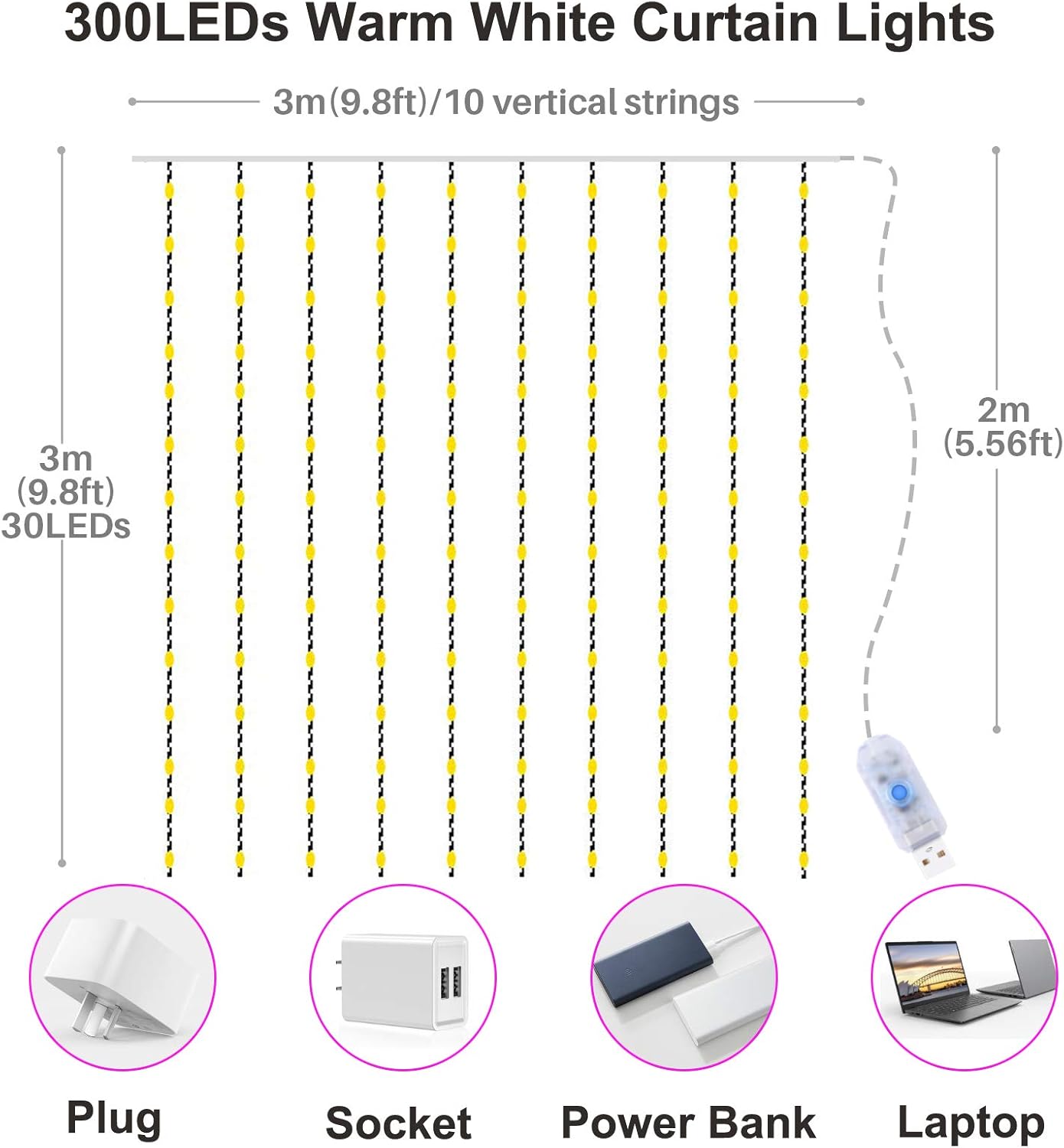 Yizhet Curtain Lights 3m x 3m, 300 LED Curtain Fairy Lights, Warm White, 8 Modes, Waterproof - Image 3