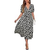 Women's Blue Floral Print Cross V-Neck Maxi Dress, Casual Summer Beach Vacation Dress, Elegant Cocktail Dress for Women