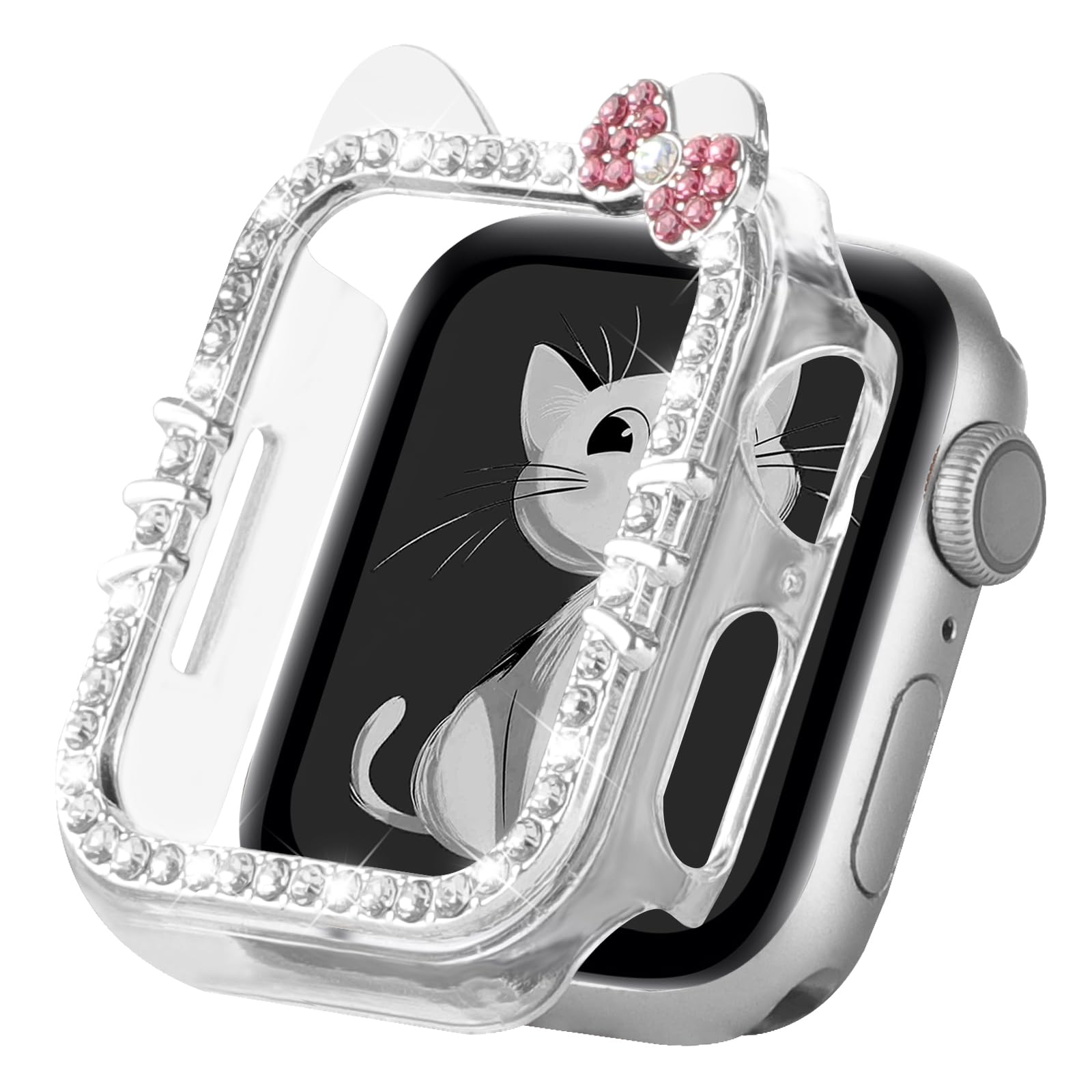 Cartoon Cat Case Compatible with Apple Watch Cover for Women iWatch Series 11 10 46mm 42mm, Series 9 8 7 41mm 45mm, Series 6 5 4 SE 40mm 44mm, Bling Rhinestone Cute Protective Clear PC Frame