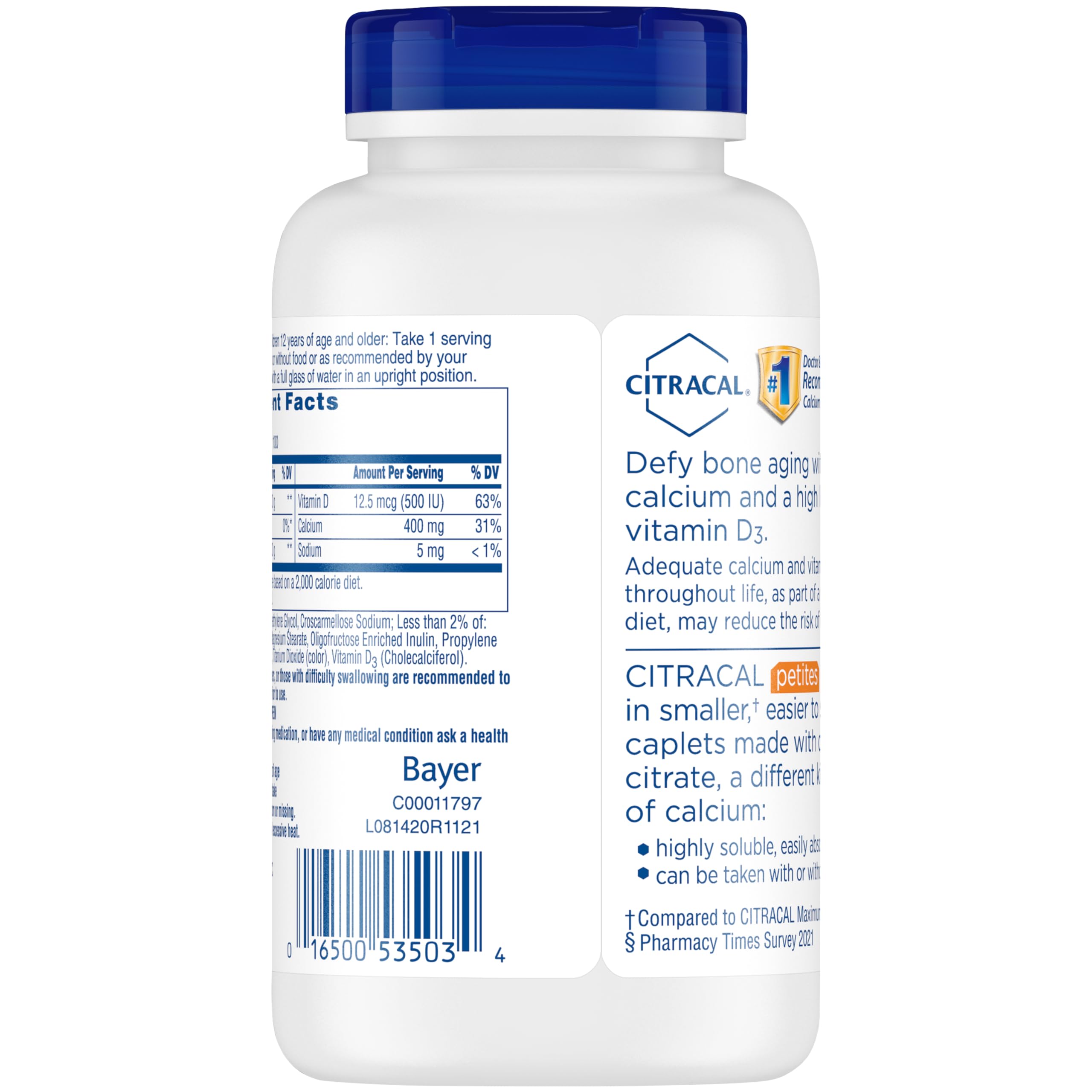 Citracal Petites, 400 mg Calcium Citrate, Easily Absorbed and Highly Soluble with 12.5 mcg (500 IU) Vitamin D3, Bone Health Support for Ages 12+, Smaller caplets, 200 Count (Packaging May Vary)