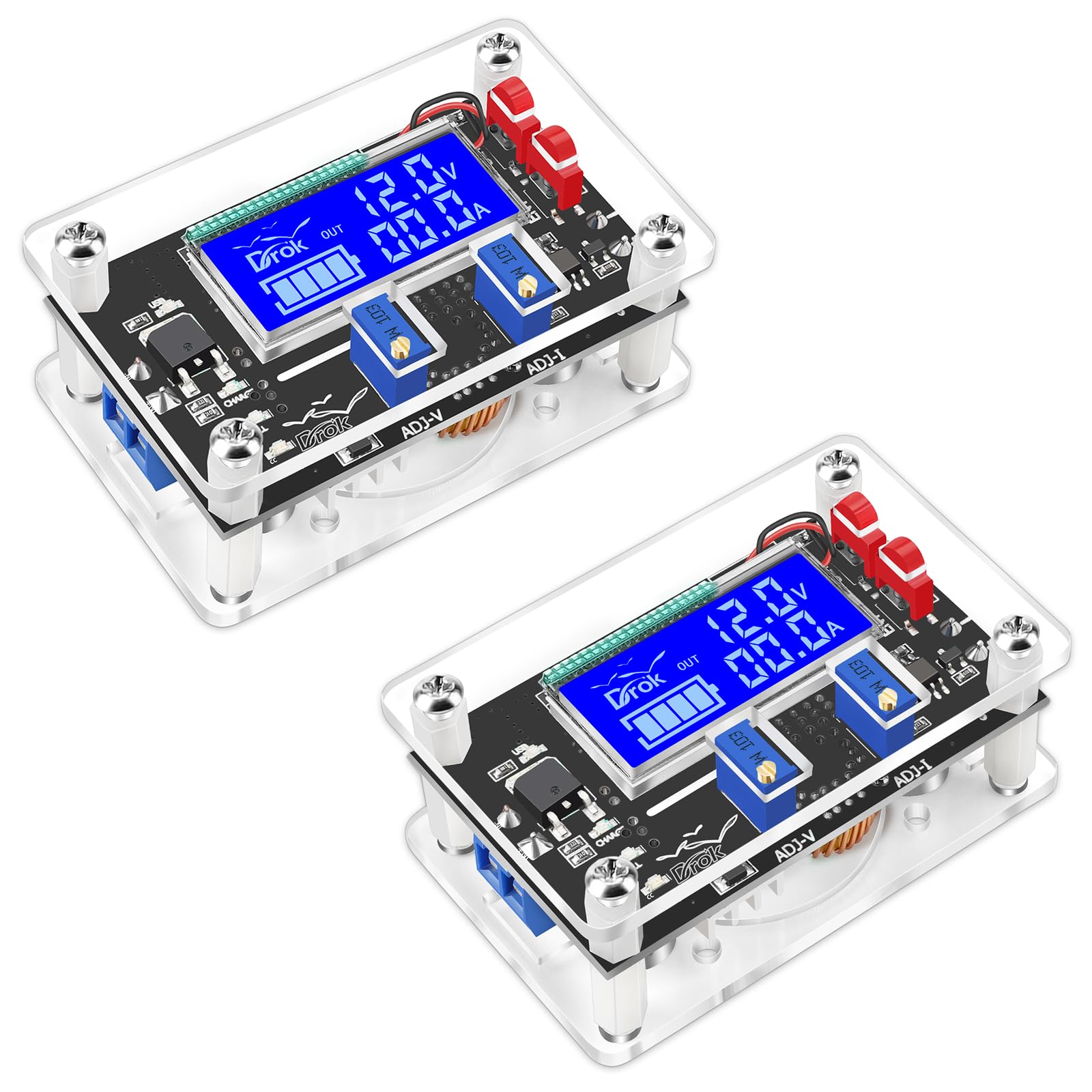 Photo 1 of DROK DC Adjustable Buck Converter 2pcs, 24v to 12v Step Down Converter Voltage Regulator 6V-32V to 1.5-32V 5V 5A LCD Power Supply Volt Reducer Step Down Transformer with USB Port and Protective Case
