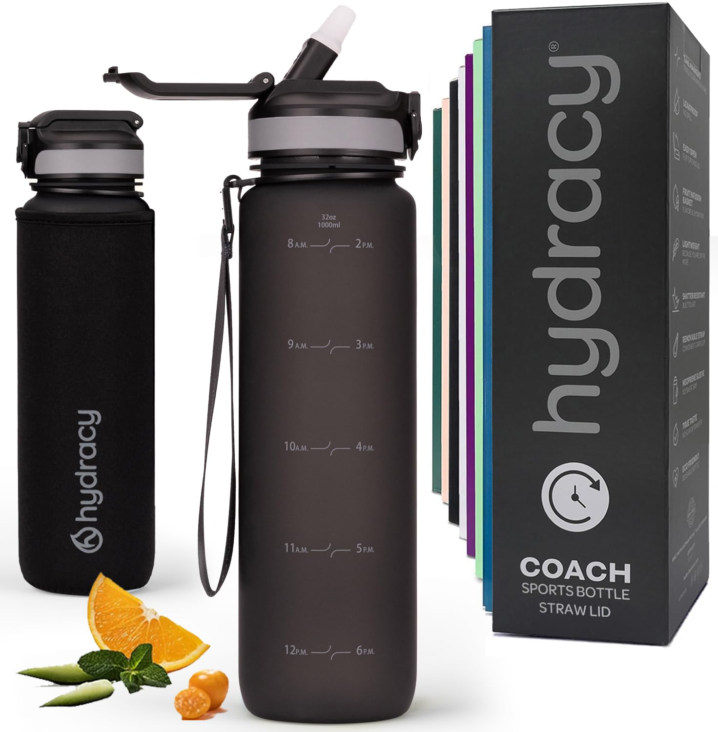 Hydracy Water Bottle with Times to Drink & Straw - Large 1 Litre BPA Free Motivational Water Bottle & No Sweat Sleeve -Leak Proof Gym Bottle with Time Marker - Ideal for Fitness, Sports & Outdoors
