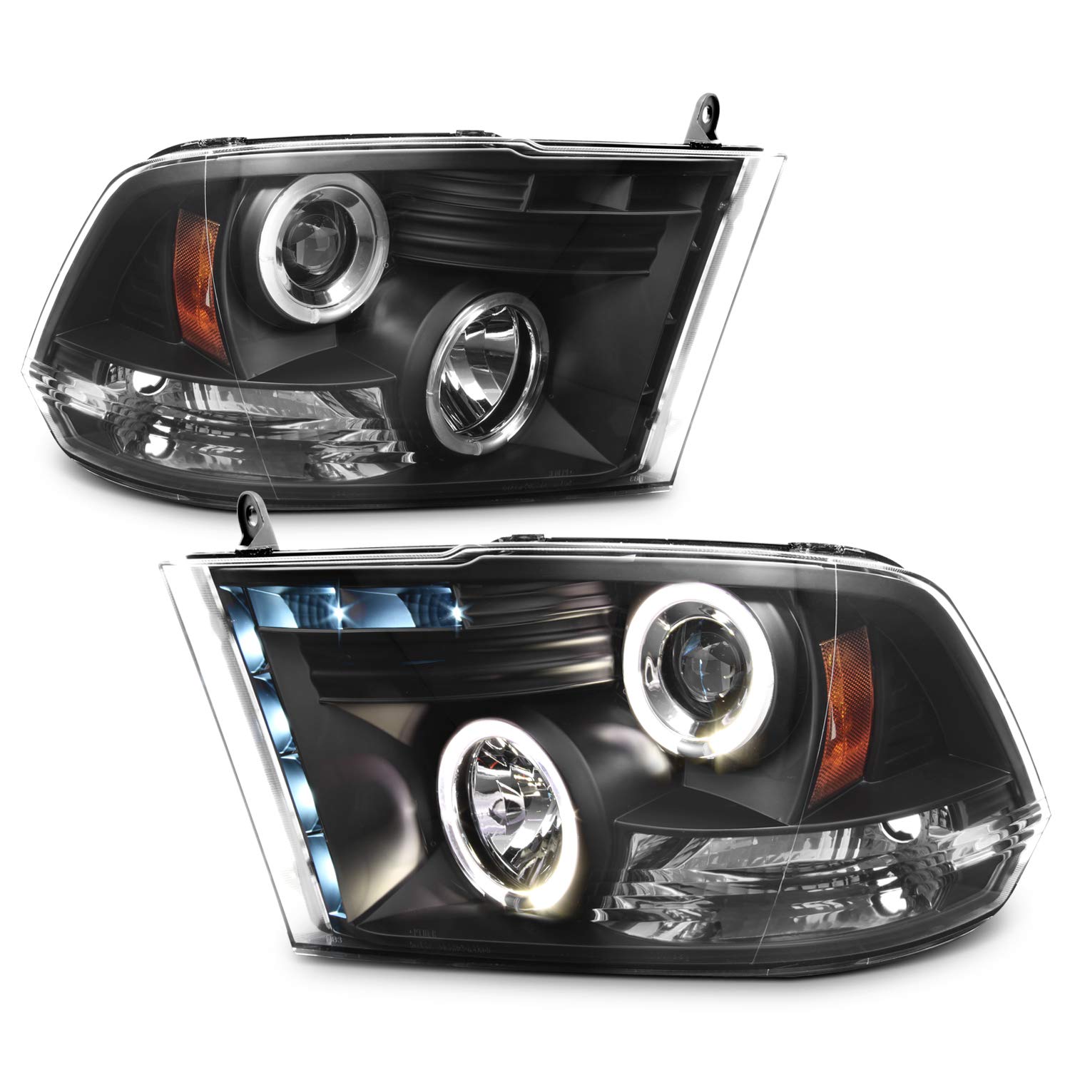 Amazon.com: For Dodge Ram Pickup Truck Black Bezel Dual Halo Ring LED  Projector Headlights Replacement Left + Right: Automotive