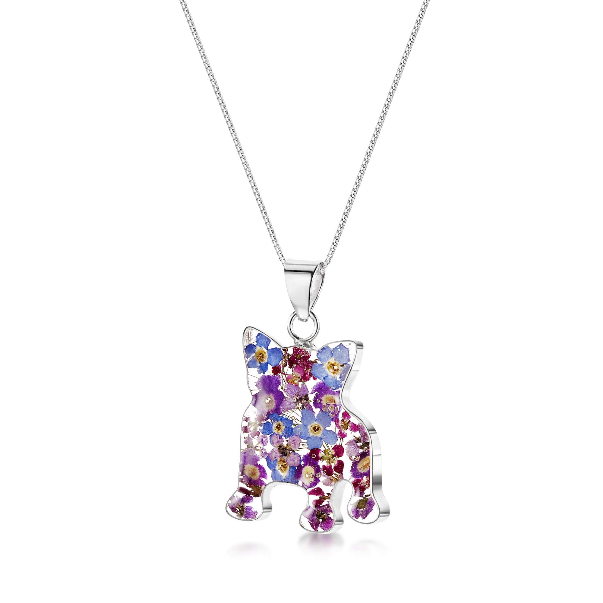 Shrieking Violet 925 Sterling Silver French Bulldog Real Flower Pendant Necklace - Assorted Flowers (Purple Haze)