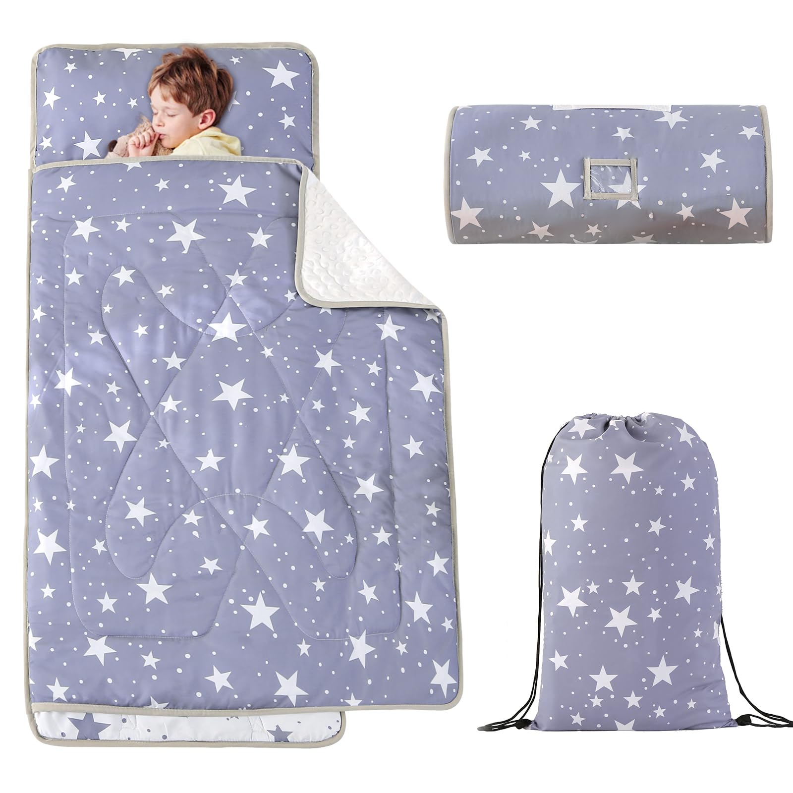 Photo 1 of Wowelife Star Toddler Nap Mat for Preschool, Grey Kids Sleeping Bag Daycare, Gray Kids Nap Mats with Removable Pillow, Fleece Minky Blanket with Matching Bag for Backpack or Hand Carry, 50 x 20 Inch
