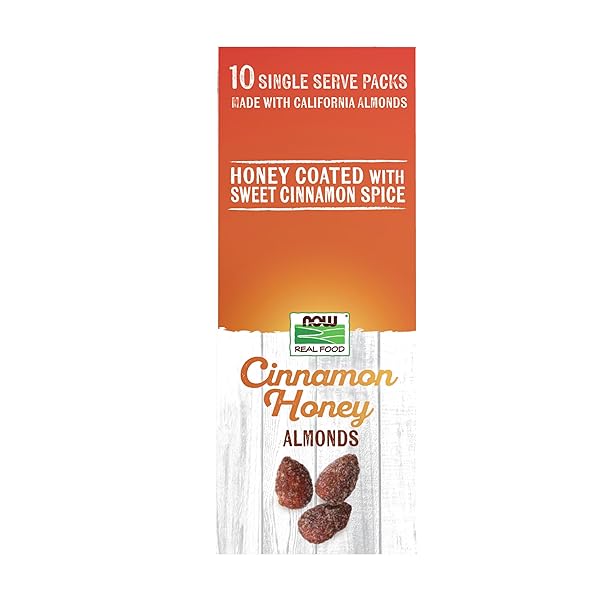 NOW FOODS, CINNAMON HONEY COATED ALMONDS, CRAFTED IN SMALL BATCHES, 10 SINGLE PACKETS