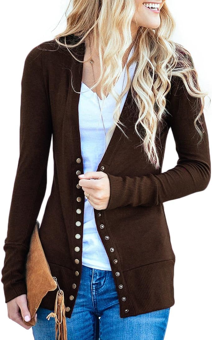Women's V-Neck Button Down Knitwear Long Sleeve Soft Basic Knit Cardigan Sweater(Brown-L)