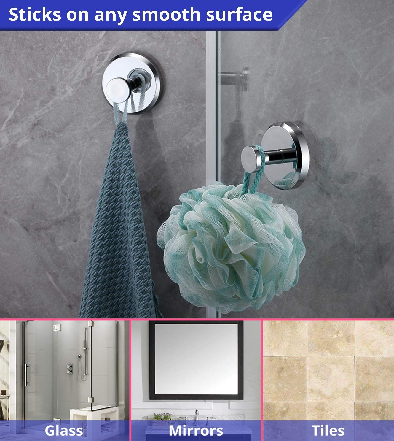 HOME SO Suction Cup Hooks for Shower, Bathroom, Kitchen, Glass Door, Mirror, Tile – Loofah, Towel, Coat, Bath Robe Hook Holder for Hanging up to 15 lbs – Waterproof & Rustproof, Chrome (2-Pack): Home & Kitchen