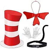 CiuKuic Costume Hat Accessories Kit, Adult Standard Size,Red and White Striped Hat, Gloves, Bow Tie, Black Tail Cosplay Costume, Party Supplies, Halloween Props
