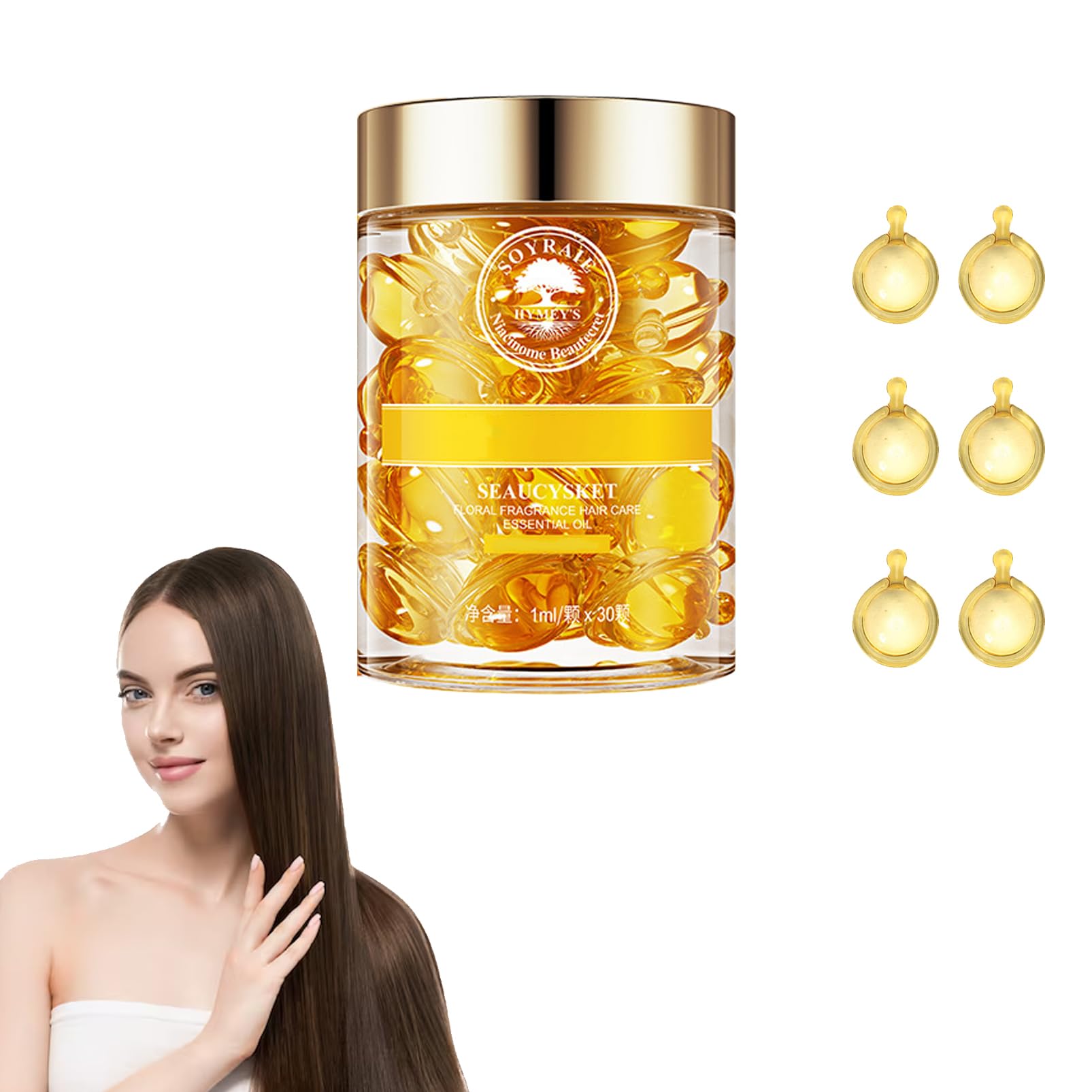 DMQ Capsules for Hair Care, Hair Oil Serum, 30PCS Hair Care Moisturizing Anti Frizz Hair Break Essential Oil for Hair, Improves Dryness and Frizz (Yellow)