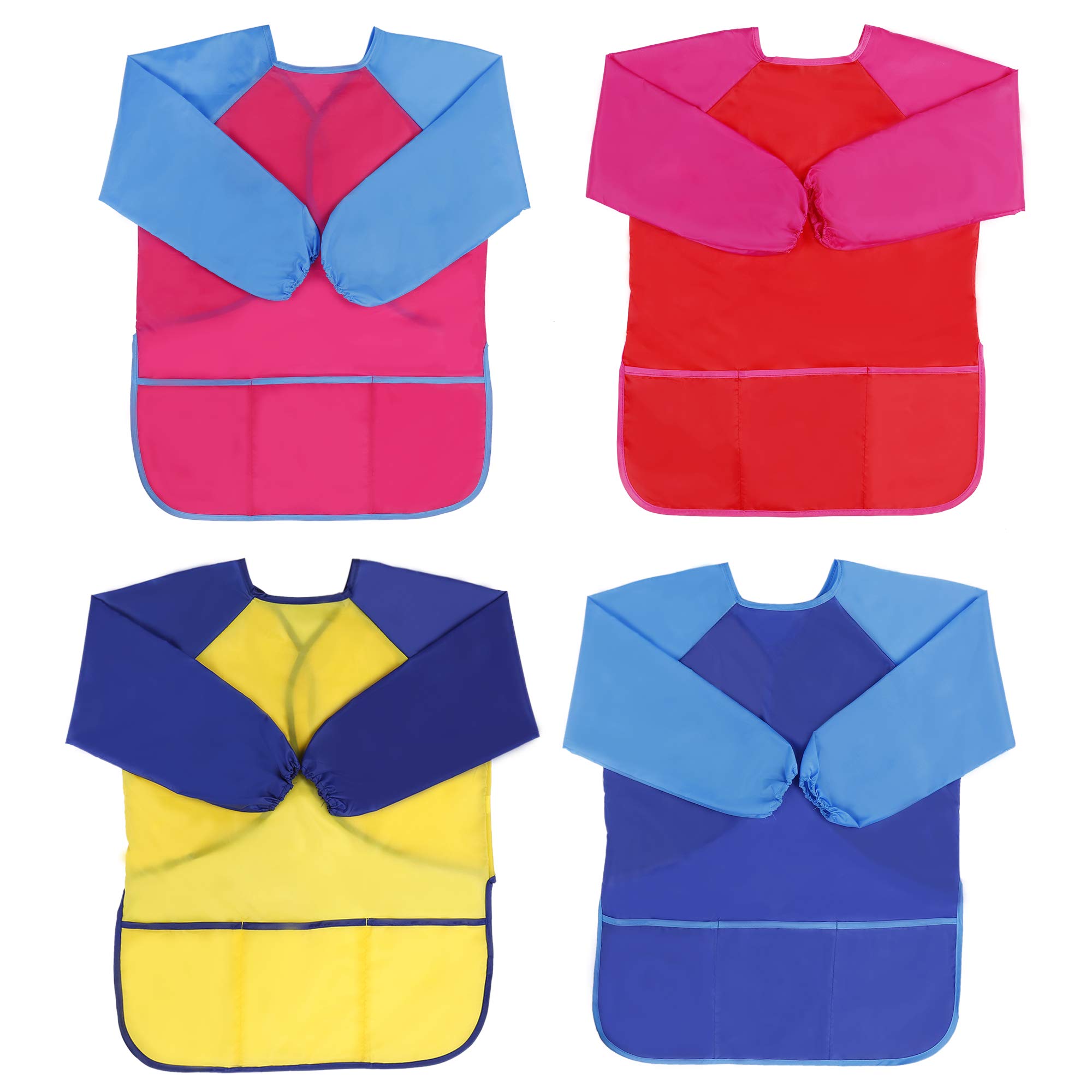 MengH-SHOP Kids Art Aprons for Age 3-7 Years Waterproof Children's Artist Painting Smocks Long Sleeves Toddler Apron with 3 Roomy Pockets for Painting, Cooking, Crafts, Clay (4 Pack)