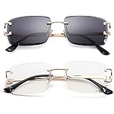 Hycredi Rimless Rectangle Sunglasses for Men/Women- Frameless Square Trendy Shade - Diamond Cutting Eyewear