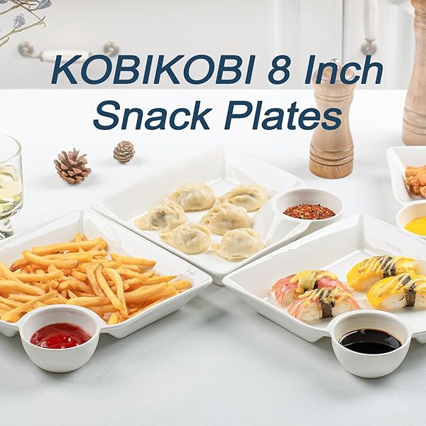 KOBIKOBI CHIP AND DIP SERVING PLATTER SET OF 4-8 INCH CERAMIC DIVIDED PLATES WITH SAUCE COMPARTMENT, FOOD-SAFE SNACK PLATE FOR DUMPLING, SUSHI, APPETIZER, TACO – WHITE